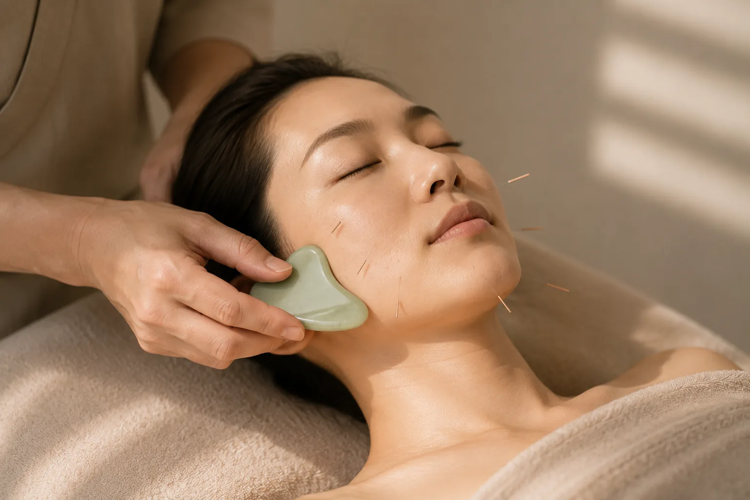 Gesichtsakupunktur und Gua-Sha-Massage in einer Sitzung, koreanische Hanbang-Behandlung bei TCM.ch