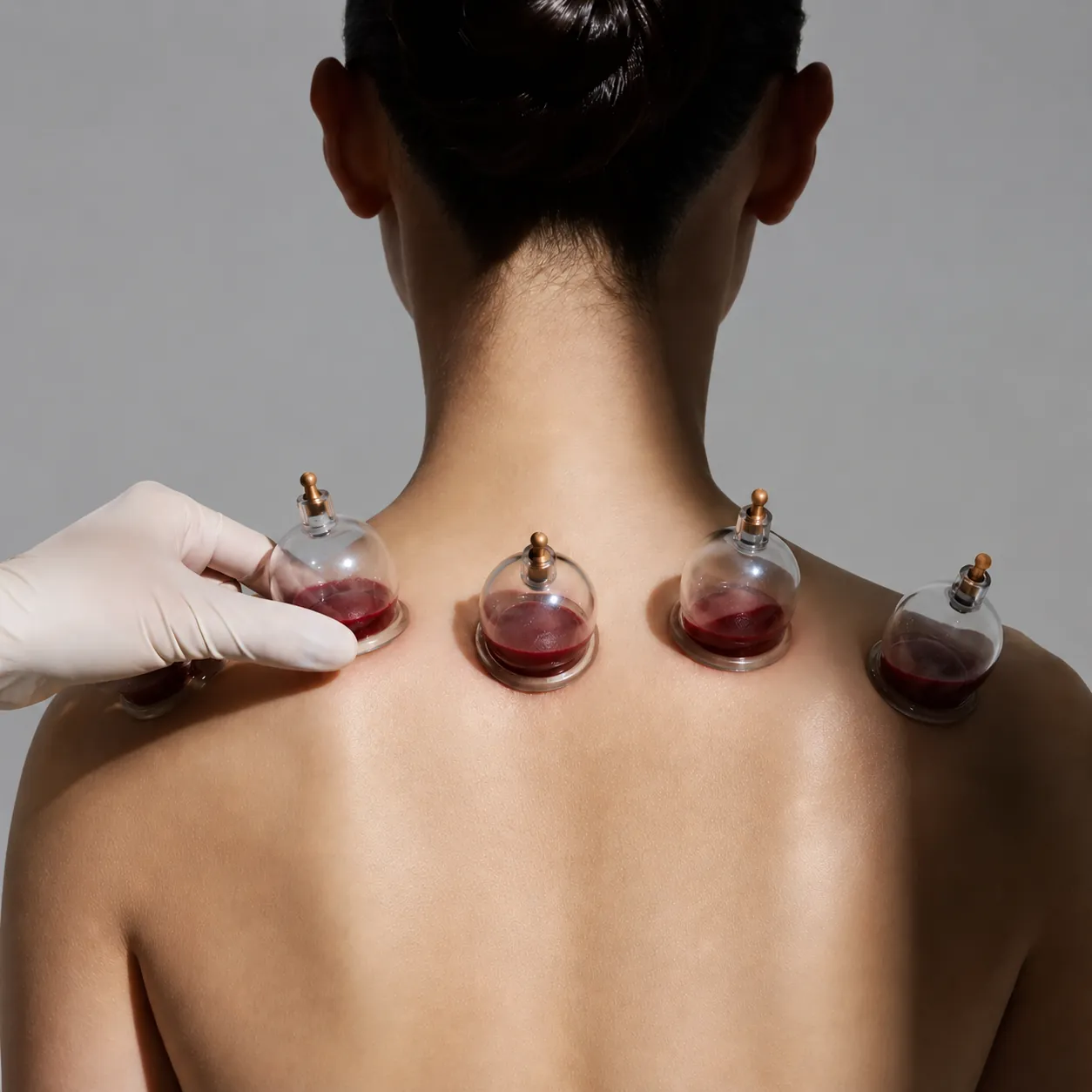 Blutiges Schröpfen Behandlung am oberen Rücken mit Schröpfgläsern bei TCM.ch